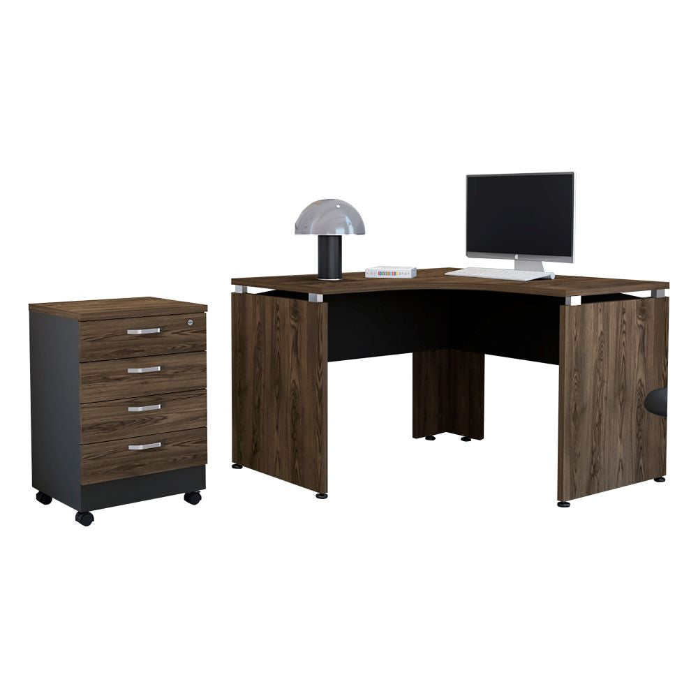 Escritorio en forma de L + Archivador Bajo Cuatro Cajones Color Monarca Negro Soft y Coñac Para Oficina