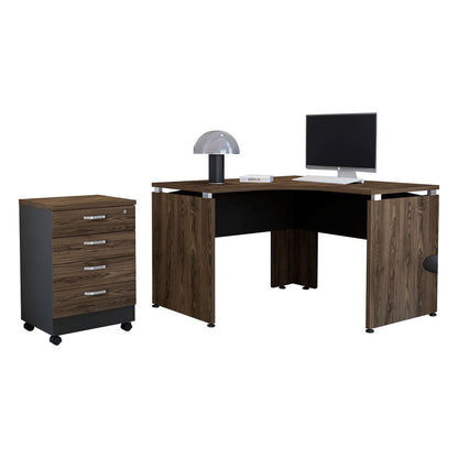 Escritorio en forma de L + Archivador Bajo Cuatro Cajones Color Monarca Negro Soft y Coñac Para Oficina