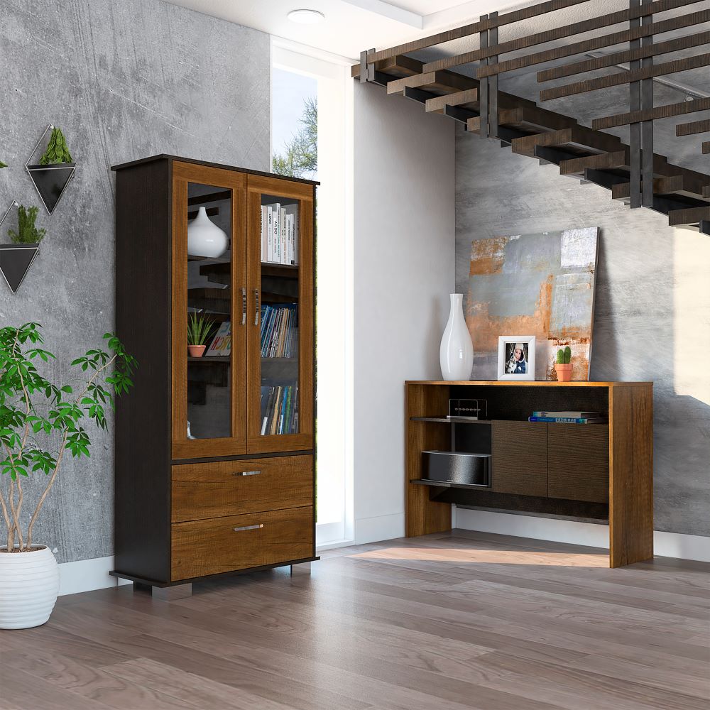 Vitrina + Arrimo Color Caramelo y Wengue Para Sala De Estar