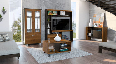 Estante TV + Vitrina + Arrimo+ Mesa de Centro Color Caramelo y Wengue Para Sala De Estar