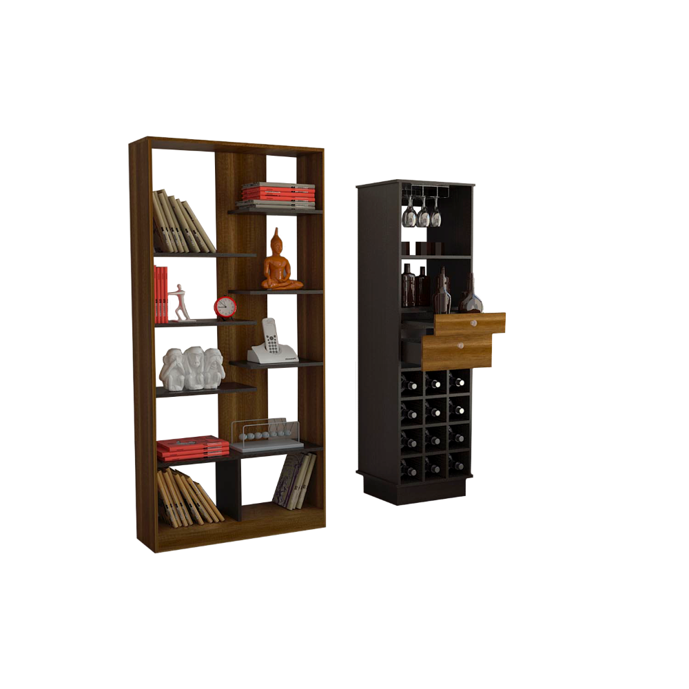 Biblioteca + Bar Color Caramelo y Wengue Para Sala De Estar