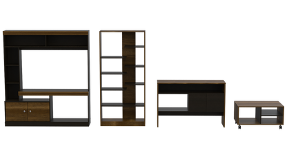 Estante TV + Biblioteca + Arrimo + Mesa de Centro Color Caramelo y Wengue Para Sala De Estar
