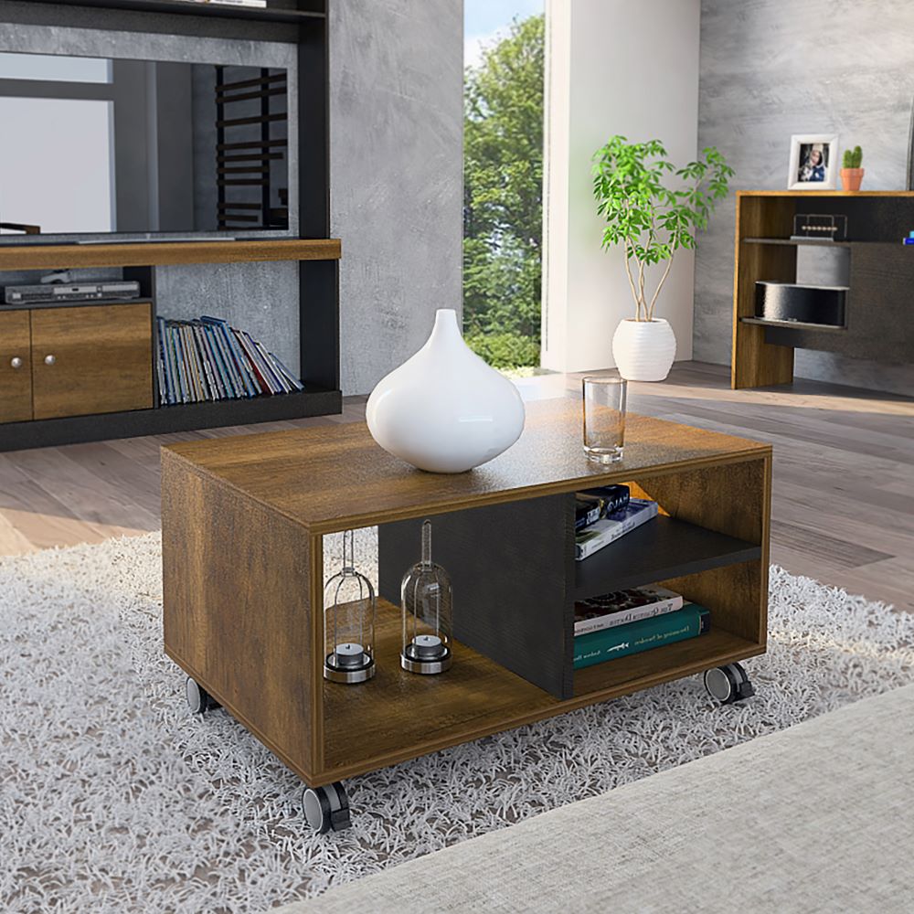 Rack TV + Vitrina + Mesa de Centro Color Caramelo y Wengue Para Sala De Estar