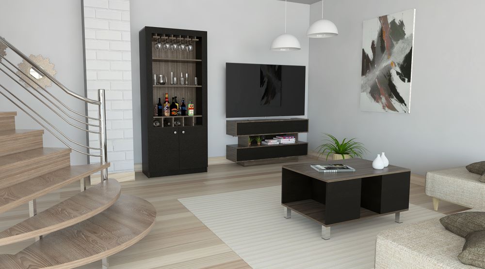 Rack TV + Mesa + Bar Color Siena Caramelo y Wengue Para Sala De Estar